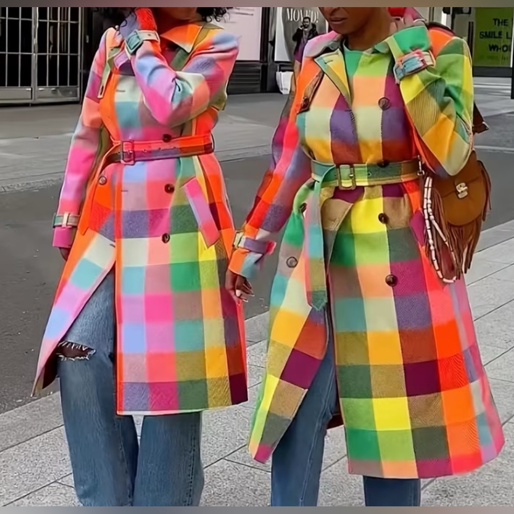 NEW $138 Rainbow Plaid Double-breasted Trench Coat - Picture 4 of 8